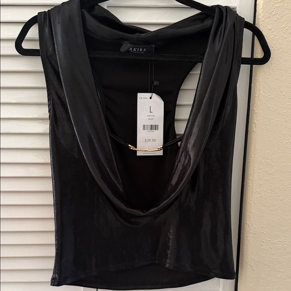 AKIRA Black Shiny Draped Cowl Neck Tank Top